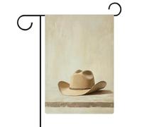 Bandiera beige con cappello da cowboy su un tavolo da giardino bandiera per casa cortile esterno bandiera stagionale vacanza juta doppia faccia bandiera 30,5 x 45,7 cm