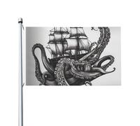 Bandiera bianca e nera con polpo e nave 3 x 1,5 m bandiera all'aperto bandiera da giardino di benvenuto banner per giardino casa giardino cortile prato bandiere decorative, bandiera per interni