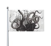 Bandiera bianca e nera con polpo e nave 3 x 1,5 m bandiera all'aperto bandiera da giardino di benvenuto banner per giardino casa giardino cortile prato bandiere decorative, bandiera per interni