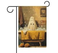 Bandiera bianca fantasma in grande bagno umorismo Halloween giardino festa stagionale juta doppia faccia casa cortile bandiere esterne 30,5 x 45,7 cm