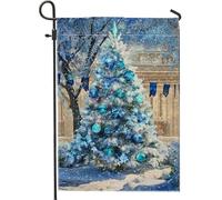 Bandiera blu da giardino con albero di Natale, decorazione invernale del paese delle meraviglie su entrambi i lati, bandiera in iuta per vacanze all'aperto, decorazione per prato, 30,5 x 45,7 cm