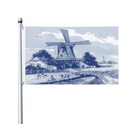 Bandiera Blue Nederland Vintage Dutch Windmill Delft Bandiera Pirata Rinforzata Prova Di Sbiadimento Striscione All'Aperto, Per Celebrazioni, Balcone, Feste Strada, 90x150cm