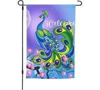 Bandiera Cartoon Peacock Blue Green Feathers Colorful Flower Bandiera Pirata Resistente Alle Intemperie Rinforzata Striscione All'Aperto, Per Feste Estive, Celebrazioni, Balcone, 30x45cm