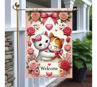 Bandiera Cat Couple Romantic Kitten Hug With Flower And Hearts Della Brezza Resistente Alle Intemperie Striscione All'Aperto, Per Celebrazioni, Feste Estive, Eventi, 30x45cm