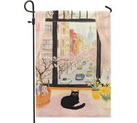 Bandiera Cat Window View Peach Cherry Flower con Occhielli Bandiere da Balcone Stampa Bandierine della Decorazione per Giardino Celebrazione 30x45cm