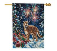 Bandiera Christmas Cougar Winter Fireworks Animal Xmas Bandiere Da Giardino Doppia Cucitura Classica Flag Per All'Aperto Giardino Ristoranti 70X102Cm