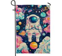 Bandiera colorata astronauta spaziale da giardino, con pianeti cosmici vivaci, striscione decorativo per esterni, bandiera leggera su entrambi i lati, per decorazione estiva 30,5 x 45,7 cm