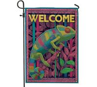 Bandiera colorata da giardino di benvenuto con camaleonti, striscione decorativo per esterni con foglie tropicali luminose, bandiera da giardino su entrambi i lati, per decorazione estiva 30,5 x 45,7