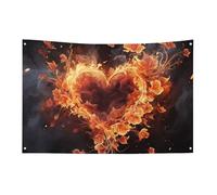 Bandiera con fiori di fuoco e cuore con 4 occhielli, bandiere su un lato in poliestere resistente, striscioni resistenti alle intemperie per dormitori, feste, riprese, festival, decorazione 61 x 88,9