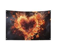 Bandiera con fiori di fuoco e cuore con 4 occhielli, bandiere su un lato in poliestere resistente, striscioni resistenti alle intemperie per dormitori, feste, riprese, festival, decorazione 88,9 x