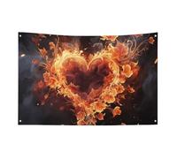 Bandiera con fiori di fuoco e cuore con 4 occhielli, bandiere su un lato in poliestere resistente, striscioni resistenti alle intemperie per dormitori, feste, riprese, festival, decorazione 152,4 x