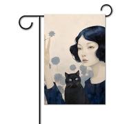 Bandiera con gatto e ragazza, 30,5 x 45,7 cm, bandiere per esterni, divertente bandiera per feste, bandiere da giardino stampate su entrambi i lati, bandiera di benvenuto al di fuori del cortile per
