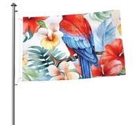 Bandiera con ibisco tropicale con pappagallo acquerello, 60 x 90 cm, bandiera da appendere su entrambi i lati, in poliestere, con occhielli in metallo, resistente allo sbiadimento, leggera, per
