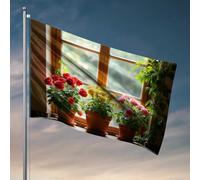 Bandiera con tre rose in vaso vicino alla finestra, bandiera per camera da letto, adolescenti, ragazze, bandiera autunnale da giardino (60 x 90 cm)
