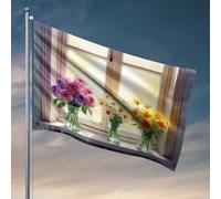 Bandiera con tre vasi di fiori vicino alla finestra, bandiera per camera da letto, adolescenti, ragazze, bandiera autunnale da giardino (120 x 180 cm)