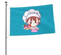 Bandiera Cute Bakery Chef Girl Smiling With A Strawberry Cake Bandiera Di Benvenuto 2 Occhielli Metallici Striscione All'Aperto, Per Balcone, Giardino, Feste Strada, 90x150cm