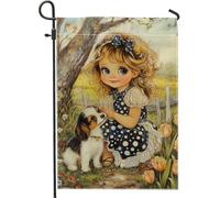 Bandiera Cute Polka Dot Girl With Puppy Spring Bandiera Della Brezza Colori Vivaci Striscione All'Aperto, Per Feste Estive, Eventi, Giardino, 30x45cm