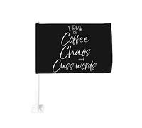 Bandiera da 12x18 pollici per auto con scritta divertente sulla mamma, regalo "Corro con il caffè, caos e parolacce", bandiera per auto con clip per finestra bifacciale, resistente allo sbiadimento, b