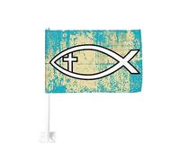 Bandiera da 12x18 pollici per auto Ichthus con croce cristiana simbolo del pesce bandiera per auto bandiera bifacciale per finestra con clip anti-scolorimento bandiera per finestra con clip impermeabi