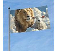 Bandiera da 150 cm x 90 cm, bandiera da esterno su entrambi i lati, resistente, con 2 occhielli, decorazione per cortile, agnello con un leone, nuvole, bandiere di benvenuto in poliestere per vacanze