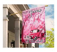 Bandiera Da Cortile Bandiera Da Giardino Divertente Bandiere All'Aperto Decorazione Per Fattoria Giardino Cortile Camion Rosa Per La Sensibilizzazione Sul Cancro Al Seno: Gesù Prende Il Volante S