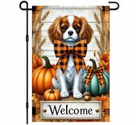 Bandiera Da Cortile Fall Welcome Cavalier King Charles Spaniel Dog Autumn Puppy With Plaid Bow Pumpkins And Acorn 30X45Cm Bandiera Da Esterno Decorative Stagionali Bandiere Da Cortile Per Estiva