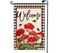 Bandiera Da Cortile Geranium Summer Bee Red Flower Buffalo Plaid 30X45Cm Bandiera Colorato Non Sbiadisce Facilmente Bandiere Da Parete Per Casa Decorazione Prato