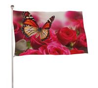Bandiera da giardino 119,4 x 177,8 cm per esterni, rose rosse e farfalle, bandiera grande con occhielli in ottone resistente allo sbiadimento, bandiera esterna per la decorazione della casa fattoria