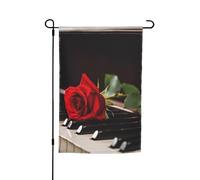 Bandiera da giardino 30,5 x 45,7 cm a doppia faccia Primavera Estate Benvenuto Bandiera da giardino Rosa rossa su pianoforte Decorazione esterna Banner Yard Bandiera Stagionale Festività Banner Segno