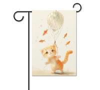 Bandiera da giardino, 30,5 x 45,7 cm, doppia faccia, verticale, con gatto che cavalca un palloncino, piccola bandiera decorativa per esterni, per tutte le stagioni, per casa, patio, vacanze