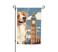 Bandiera da giardino 30,5 x 45,7 cm, doppia faccia, verticale, per esterni, per vacanze, un cane seduto accanto a un edificio e bandiere da giardino Big Ben Piccola bandiera di benvenuto in iuta per