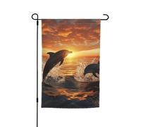 Bandiera da giardino, 30,5 x 45,7 cm, double face, resistente alle intemperie, bandiere verticali per esterni, delfini che saltano fuori dall'acqua al tramonto, bandiera di benvenuto bandiera