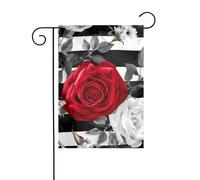 Bandiera da giardino 30,5 x 45,7 cm, double face, verticale, benvenuto, estate, bandiere, nessuna dissolvenza, bandiere per la casa, strisce bianche e nere, fiori di rosa rossa, striscione per cortile
