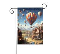 Bandiera da giardino 30 x 45 cm, verticale, bifacciale, per esterni, con mongolfiera che vola sopra il tetto. Bandiere da giardino, striscione di benvenuto, bandiere decorative in stile rustico per es