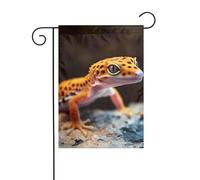 Bandiera da giardino 30 x 45 cm, verticale, bifacciale, per esterni, con motivo leopardo e piccolo geco. Bandiere da giardino, striscione di benvenuto, bandiere decorative in stile rustico per esterni