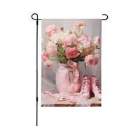 Bandiera da giardino 31 x 45 cm bandiera da cortile a doppia faccia texture garza morbida fiori rosa e scarpe da ballo all'aperto bandiera da giardino decorazioni per la casa