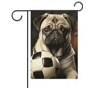 Bandiera da giardino 32,6 x 47,5 cm con cani carlino a doppia faccia con pallone da calcio bandiere di benvenuto decorative stagionali per cortile all'aperto piccole bandiere da giardino per esterni
