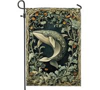 Bandiera da giardino a balena, bandiera blu scuro con creature oceaniche oceaniche, bandiera floreale su entrambi i lati, per decorazione estiva all'aperto, illustrazione vintage, decorazione per la