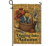 Bandiera da giardino a cesto, rustica autunnale, attrezzi da giardinaggio crisantemi gialli autunnali su entrambi i lati, piccola bandiera da giardino per esterni, patio, prato, portico anteriore