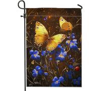 Bandiera da giardino a fiori blu per primavera ed estate farfalla dorata bandiera double face in tela di iuta decorazione per la casa festa e prato, 30,5 x 45,7 cm