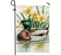 Bandiera da giardino a forma di anatra primaverile ed estiva, verde con narciso e narciso, decorazione per la casa e il cortile, in iuta su entrambi i lati, 30,5 x 45,7 cm