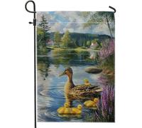 Bandiera da giardino a forma di anatroccolo, anatroccoli panoramici con acqua verde sorgente d'acqua su entrambi i lati, bandiere decorative per esterni, patio, prato, portico anteriore, balcone, 30,5