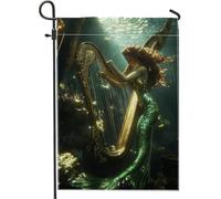 Bandiera da giardino a forma di arpa sirena subacquea blu verde acqua glitter creature oceano corallo, decorazione per esterni double face per casa e feste, 30,5 x 45,7 cm