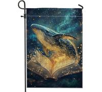 Bandiera da giardino a forma di balena, balena blu cosmica e libro aperto, decorazione per esterni, bandiera da cortile in iuta su entrambi i lati, per decorare la casa, decorazione per prato a tema