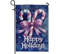 Bandiera da giardino a forma di canna da zucchero d'orzo e fiocco, bandiera decorativa per vacanze rossa e bianca, bandiera double face in iuta per festa d'inverno, decorazione stagionale per terrazza