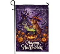 Bandiera da giardino a forma di capra, fantasioso castello di zucche festive, Halloween, viola, double face, in iuta, decorativa, per esterni, prato, portico, patio, ingresso, 30,5 x 45,7 cm