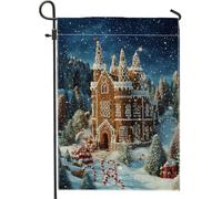 Bandiera da giardino a forma di castello di pan di zenzero, bandiera decorativa per portico invernale, bandiera a doppia faccia in iuta per la stagione delle vacanze, decorazione del prato di Natale