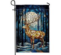 Bandiera da giardino a forma di cervo innevato d'inverno in vetro colorato blu decorazione esterna bandiere double face in tela di iuta per prato, decorazione per le vacanze, 30,5 x 45,7 cm