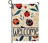 Bandiera da giardino a forma di coccinella primaverile ed estiva, bandiera floreale rossa e beige, bandiera decorativa per la casa, in iuta su entrambi i lati, decorazione per esterni, 30,5 x 45,7 cm