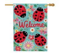 Bandiera da giardino a forma di coccinella primaverile ed estiva, striscione di benvenuto floreale blu, bandiera su entrambi i lati in iuta da cortile decorazione per prato esterno 71 x 101 cm